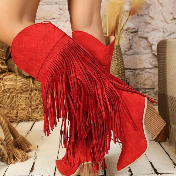 Red Western Women's Sexy Knee-High Geometric Faux Suede Chunky Heel Boots - Picture 3 of 7